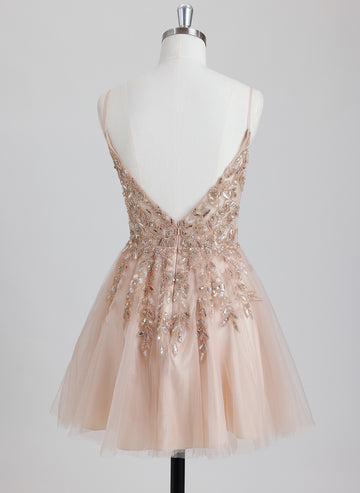 A-line V-Neck Short Tulle Homecoming Dress With Beading Sequins